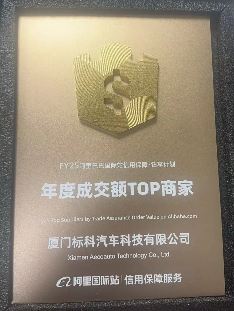 Gratulujeme spoločnosti Xiamen Aecoauto Technology Co., Ltd. za to, že sa stali najlepšími dodávateľmi FY25 podľa hodnoty objednávky obchodného zabezpečenia na adrese alibaba.com